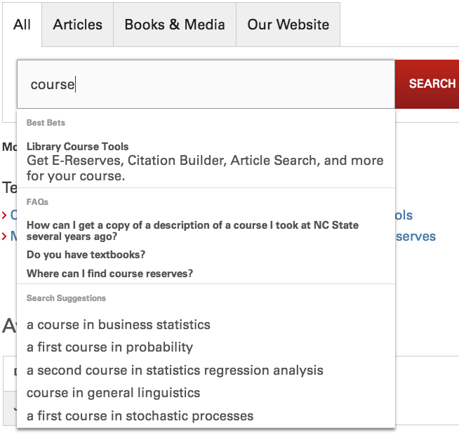 Detail of NCSU search box showing suggestions
